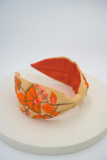 [A803] Headband Beige et Orange Motif Floraux à Perle - A803