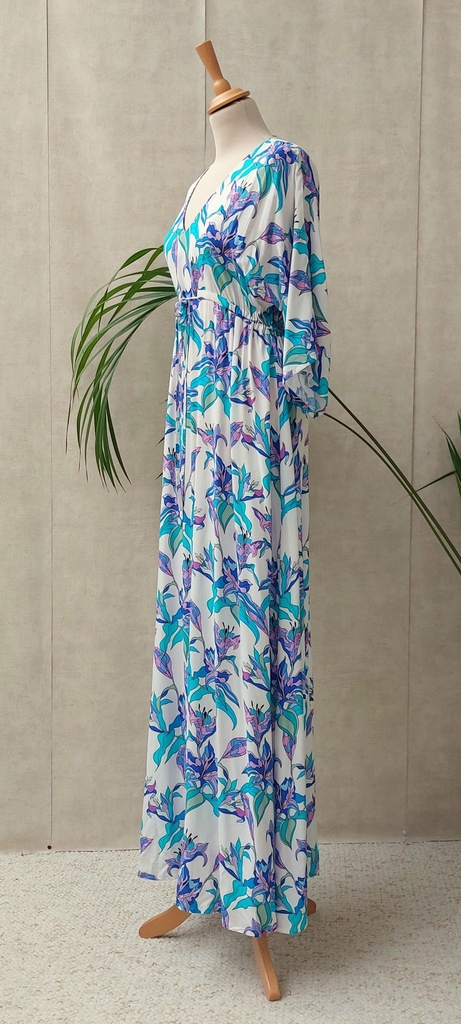 PIETRO BRUNELLI - MATERNITE - Robe longue blanche motifs végétaux bleus et mauves  - C02849