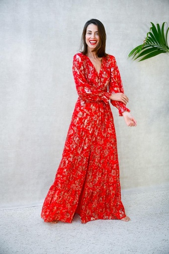BASH - Robe Longue Rouge Fleurs Dorées - C03314