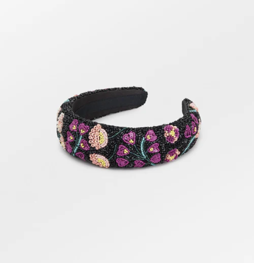 Headband perles noirs et motif floral - A1140
